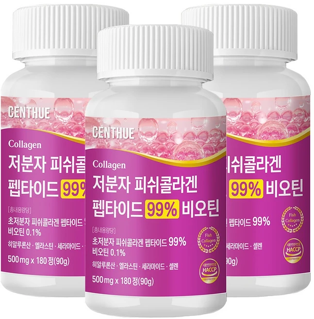 센트휴 저분자 피쉬 콜라겐 펩타이드 99% 비오틴, 3개, 180정 - 쿠팡
