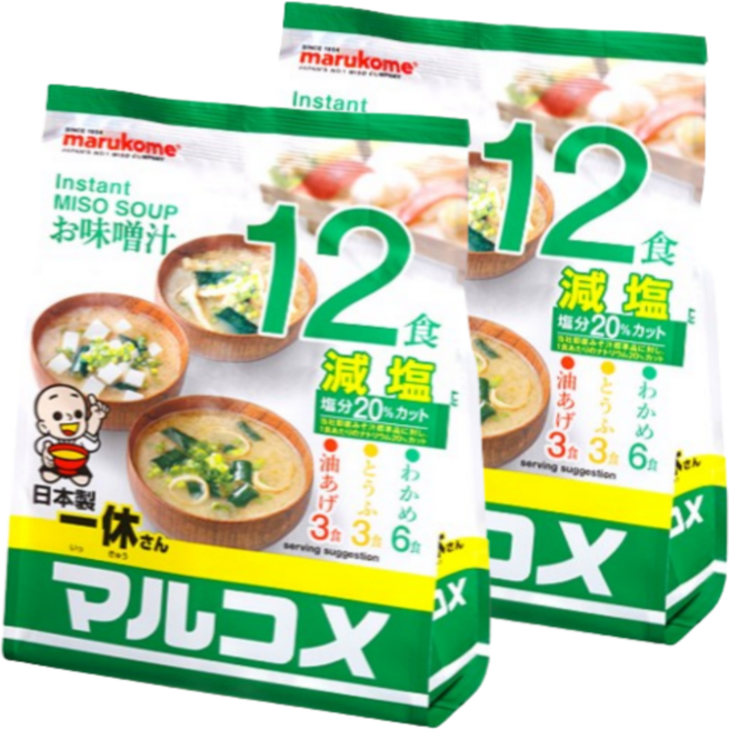 마루코메 잇큐상 간편한 즉석 미소시루 겐넨 (저염식품) 12식+추가상품 KF94마스크 2장 된장국 캠핑 혼밥 아침 저녁용 간편식사, 186g, 2개