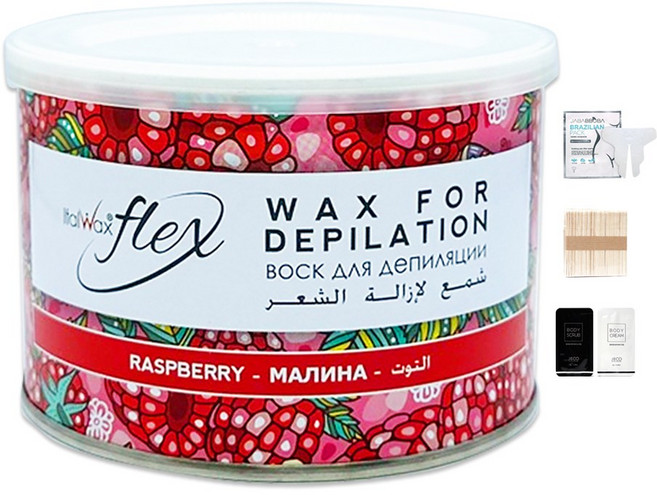 이탈왁스 라즈베리 소프트 캔 400g+스파츌라L+스크럽5g+바디크림5g+브라질리언시트팩1매 셀프왁싱 왁싱재료, 1개