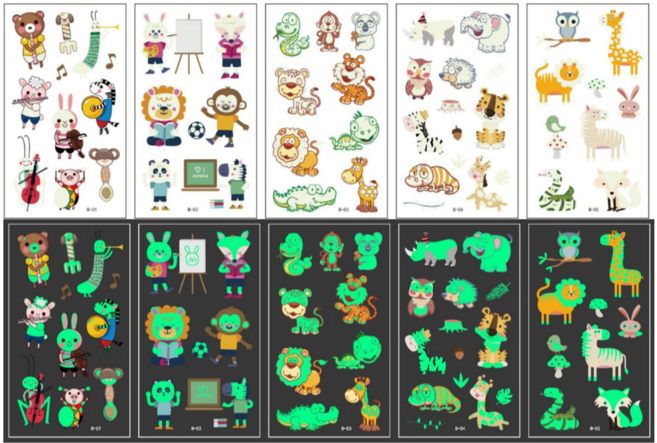 숲속동물 유아 아동 타투 어린이 판박이 야광 스티커 키즈 마스크 물 문신 스티커 6타입, 1개, B 야광 5매