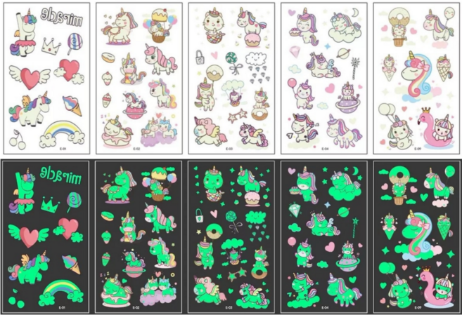유니콘 유아 아동 타투 어린이 판박이 야광 스티커 8타입, 1세트, E-5매