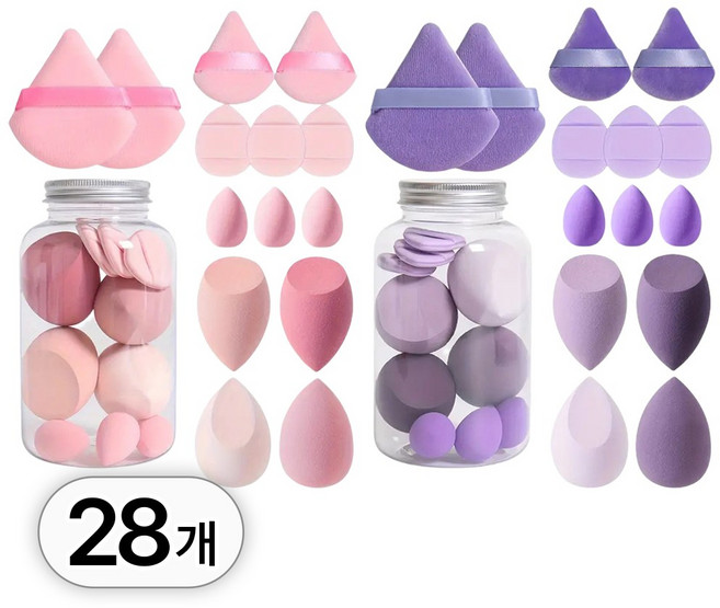 투데이리빙 28개 세트 물방울 에그 스펀지 2종 + 쿠션 퍼프 3종 물광 메이크업 휴대용 화장 똥퍼프 물방울형 미니 핑거, 1세트, R98562A(핑크+퍼플