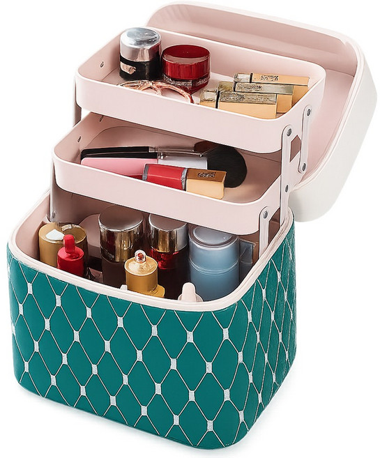 투데이리빙 대용량 3단 메이크업 박스 립스틱 거울 팩트 화장품 수납 정리 여행용 뷰티 파우치 가방 수납함 정리함, 1개, R98145E(그린