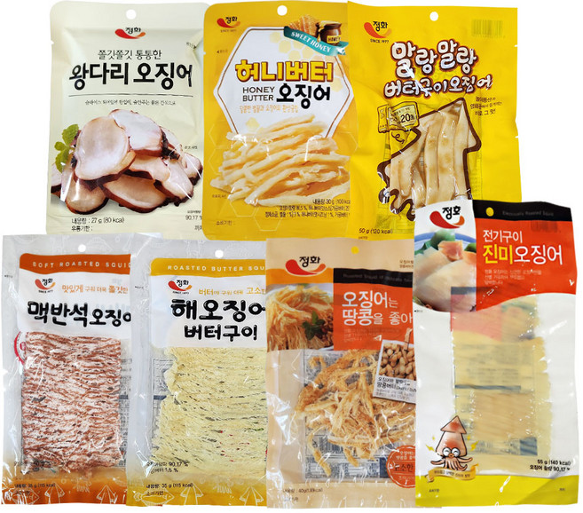 [더먹다]정화식품 건어물 세트 맥주 안주 왕다리오징어1/허니버터오징어1/말랑말랑버터구이1/맥반석오징어1/해오징어1/오징어는땅콩을좋아해1/전기구이1, 267g, 1세트