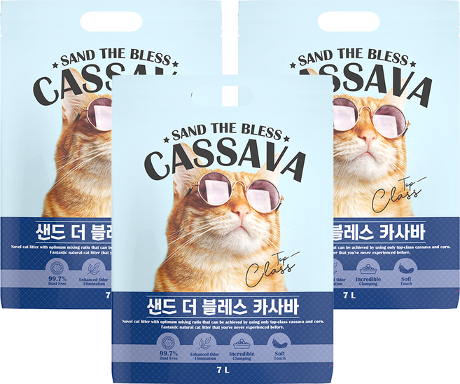 샌드더블레스 카사바 3봉 21L 고양이모래, 3개, 7L