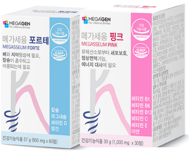 메가젠 메가세움 포르테 + 핑크 칼슘 마그네슘 망간 아연 멀티 비타민 B 영양제 세트, 1세트, 60정