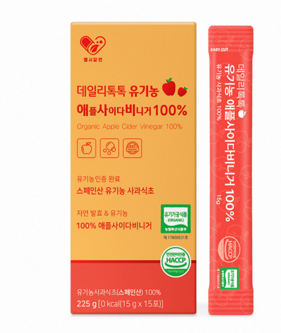 헬시알엔 데일리톡톡 유기농 애플 사이다 비니거 100% 애사비 휴대용 액상 스틱 마시는 자연 발효 사과 초모 식초 사이더 비네거 APPLE CIDER VINEGAR 스페인산, 1개, 225g