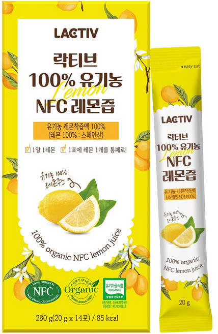 락티브 100% 유기농 NFC 레몬즙, 280g, 5개