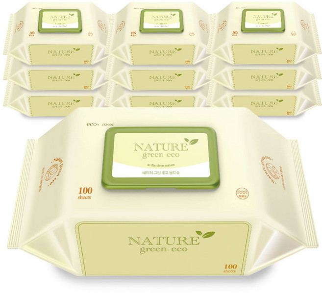 네이처 그린 에코 클레식 초순수 유아 아기물티슈 더 도톰하고 더 넉넉한 사이즈 엠보싱 캡형(55gsm), 55g, 100개입, 20개