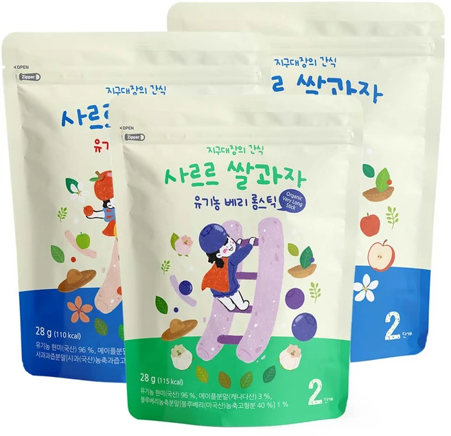 지구대장 유기농 아기간식 사르르 쌀과자 블루베리 사과 롱스틱, 베리롱스틱(블루베리) 6입 - 쿠팡