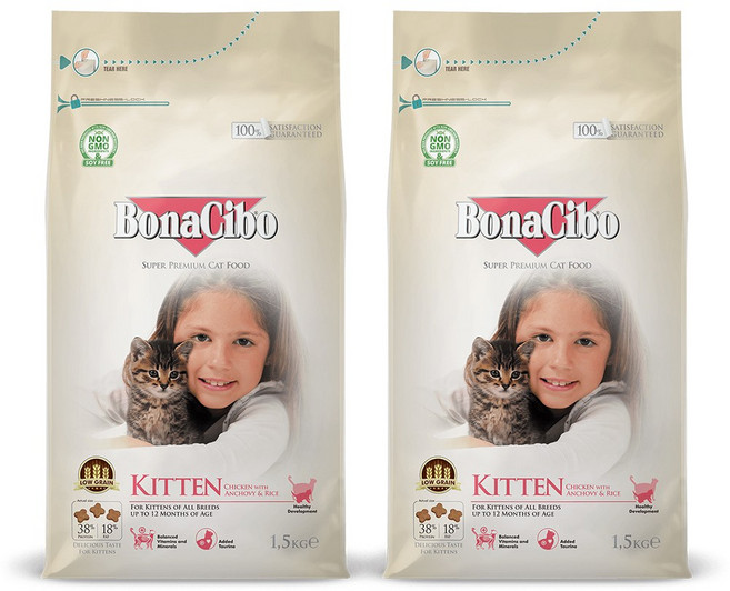 보나시보 키튼 고양이 건식사료, 닭+쌀, 1.5kg, 2개