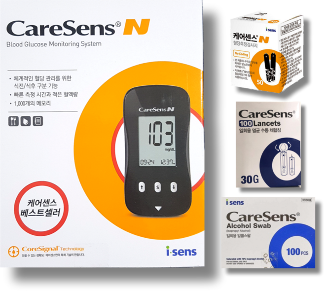 케어센스N 혈당측정기+시험지 60매+침110개+솜100매 혈당 측정 검사지 Caresense 혈당계 당뇨검사 혈당체크, 1개