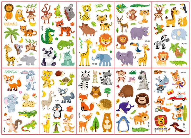 전제품 (10장세트)KC인증 어린이 타투스티커 캐릭터 판박이, AC.동물테마, 1세트
