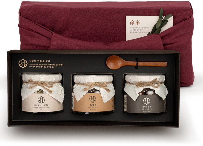 궁중비법 서가 콩고물 도라지정과 금귤정과 꿀호두정과 상견례 명절 설 선물 세트, 산서함422 + 버건디 소매 보자기, 1세트