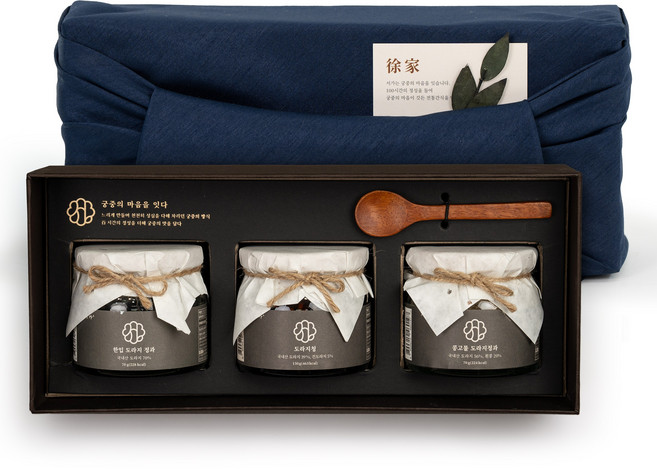 궁중비법 서가 콩고물 도라지정과 금귤정과 꿀호두정과 상견례 명절 설 선물 세트, 산서함422 + 딥블루 소매 보자기, 1개