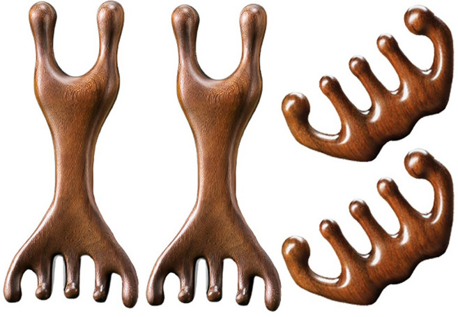 투데이리빙 4개입 세트 두피 괄사 2종 림프 순환 마사지빗 얼굴 경락 마사지 빗괄사 미간 지압 코빗 머리 마사지기 우드 괄사빗, R98510Z(브라운, 4개