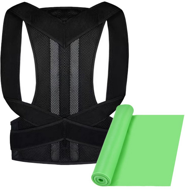 투데이리빙 2종 세트 바른 자세 교정 밴드 + 고탄력 라텍스 요가밴드 허리 어깨 척추 교정기 라운드 숄더 굽은등 견인기 스트레칭 홈트 남녀공용, 1세트