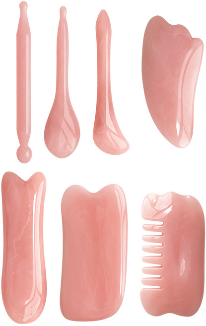 투데이리빙 로즈쿼츠 컬러 괄사 7종 세트 프리미엄 얼굴 마사지 경락 스틱 천연 수지 괄사빗 바디 두피 페이스 목주름 고급 마사지기 도구, R19041P(7종, 핑크, 1세트