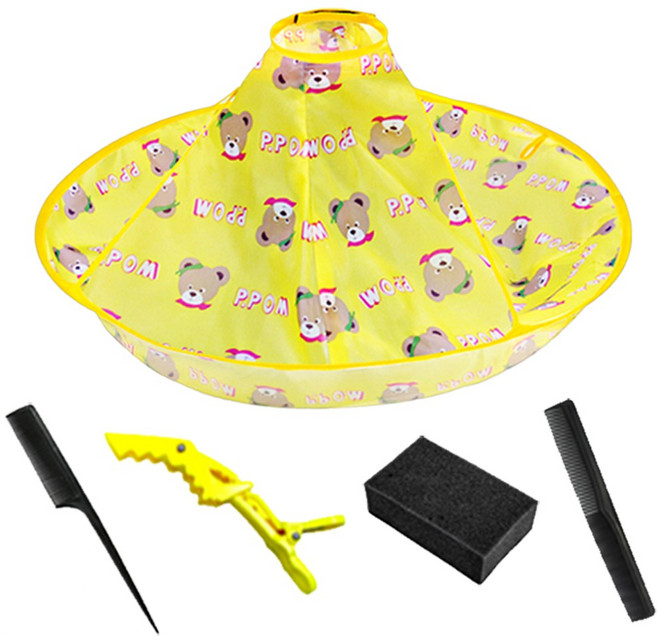 투데이리빙 5종 세트 어린이 커트보 + 집게 + 꼬리빗 + 커트빗 + 스펀지 셀프 헤어 미용 이발 염색 파마 캐릭터 이발보 가정용 미용실 가운, 1세트, R29009B(옐로우