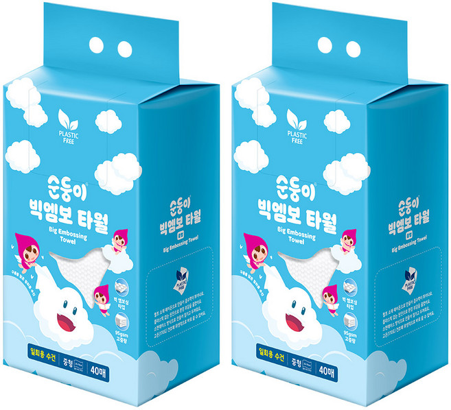 순둥이 일회용 빅엠보 펫타월 중형 40매 2팩 /중소형견 사이즈, 화이트, 2세트