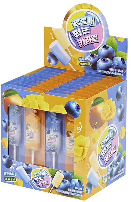 껍질채 먹는 카라멜 320g(1박스) 블루베리 애플망고 과일맛 츄잉 캔디 어린이간식, 20개, 16g - 쿠팡