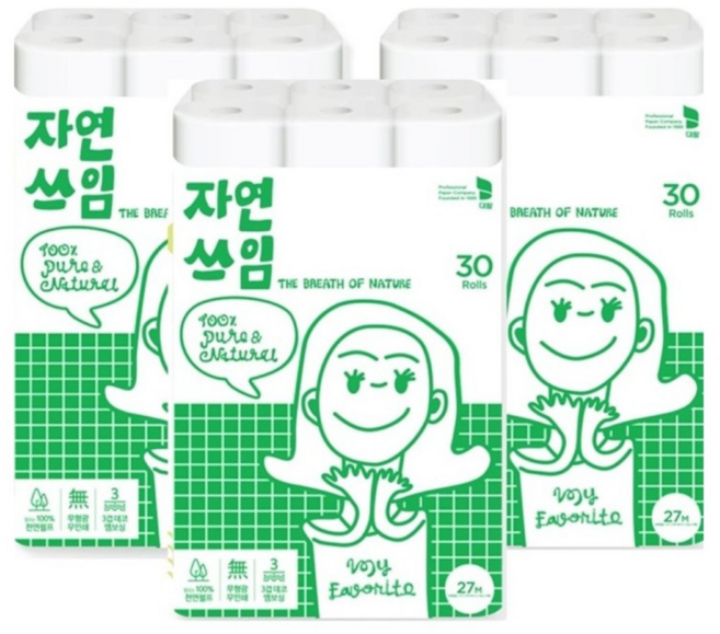 자연쓰임 김기혁 작가 27미터 30롤 3팩 90롤 대용량 무형광 천연펄프, 3개, 30개입, 27m