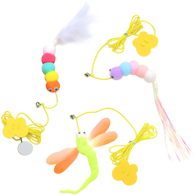 펫츠몬 고양이 플라잉 천장 부착형 모빌 로프 셀프 낚싯대, 오로라 폼폼 + 깃털 폼폼 + 잠꼬리 폼폼, 3개