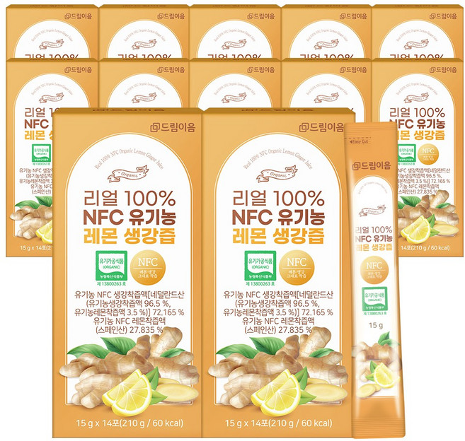 드림이음 리얼 NFC 유기농 레몬생강즙 원액 100% 스틱 생강레몬즙, 12개, 210g