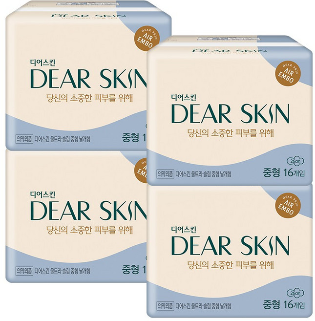 깨끗한나라 디어스킨 에어엠보 중형 생리대 날개형, 4개, 16개입