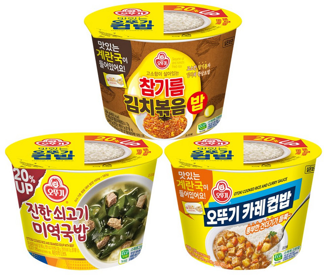 오뚜기 컵밥 진한쇠고기미역국밥(프리미엄) 314g 3개+오뚜기카레(즉석국) 325g 3개+참기름김치볶음밥(즉석국) 264g 3개(총 9개), 1세트
