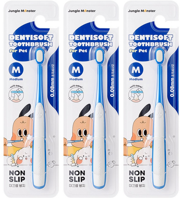 정글몬스터 덴티소프트 초극세사모 반려동물 칫솔 M, 블루, 3개