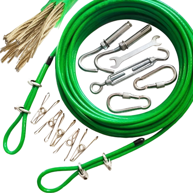 리온드 똥손도 설치하는 최강 두께 와이어 빨래줄 풀세트, 청그린(10m), 1세트