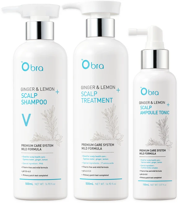 오브라 진저앤레몬 3종 쿨링샴푸 쿨링스프레이 (볼륨샴푸+트리트먼트+앰플토닉) 두피케어세트 두피앰플 탈모기능성인증, 1개 - 쿠팡