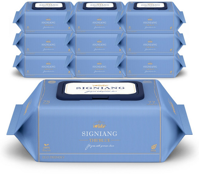 아이러브베베 시그니앙 75g 더블루 생분해원단 77매 10팩 캡형 엠보 아기물티슈, 10개