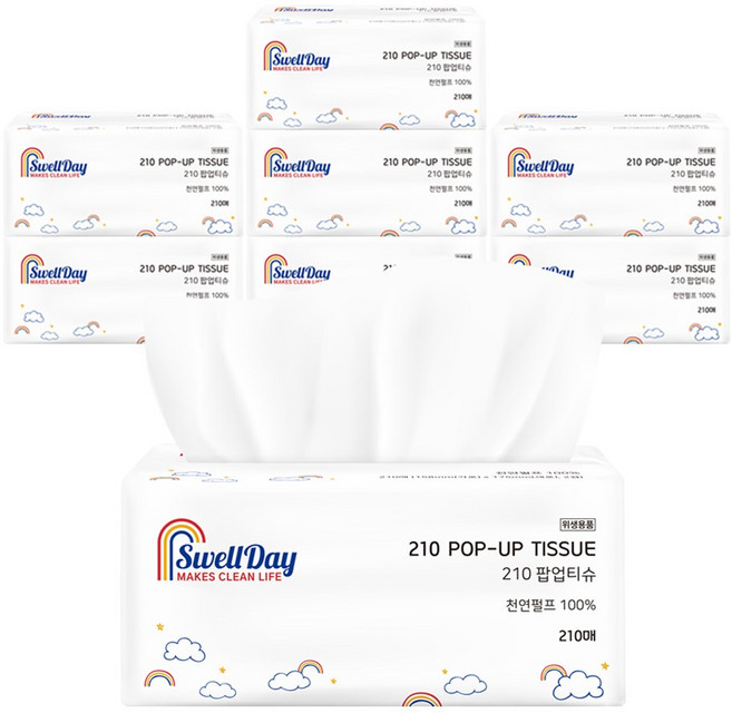 스웰데이 210 팝업 천연펄프 미용티슈 2겹, 210매입, 8개