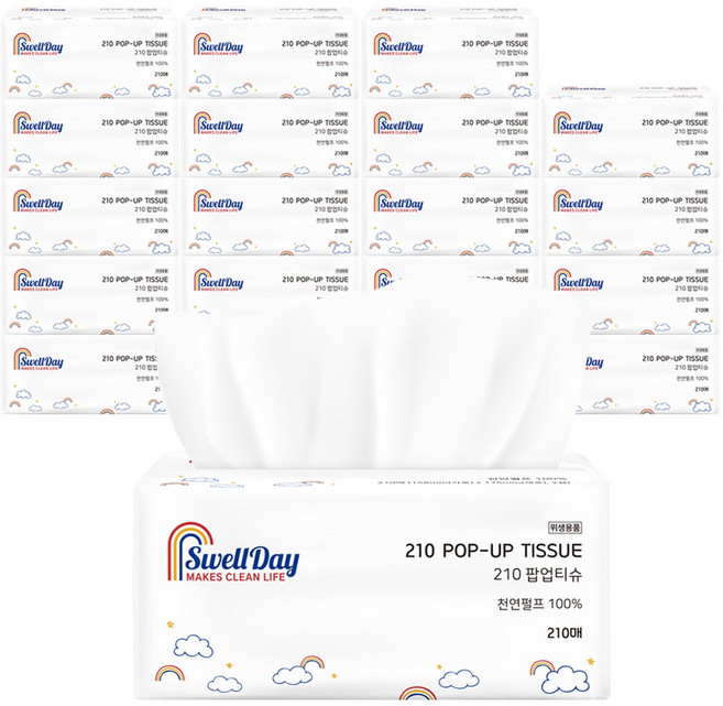 스웰데이 210 팝업 천연펄프 미용티슈 2겹, 210매입, 20개