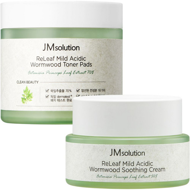 JM솔루션 릴리프 약산성 약쑥 토너 패드 50매 + 약쑥 수딩 크림 50ml, 1세트, 190ml