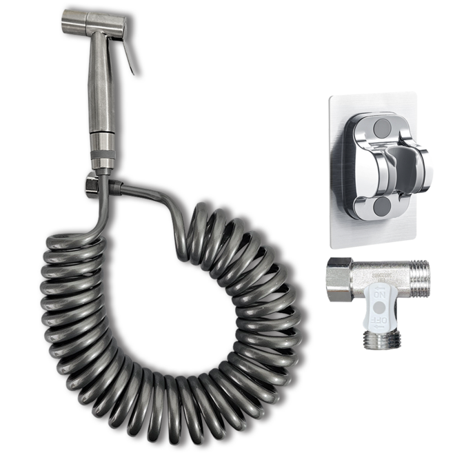 내집클로버 청소건+스프링호스+접착식 거치대+T밸브, 실버, 5m