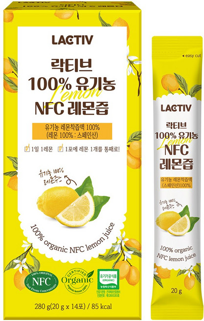 락티브 100% 유기농 NFC 레몬즙, 280g, 6개