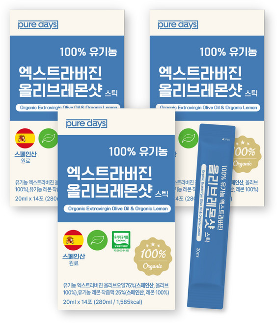 퓨어데이즈 100% 유기농 올레샷 엑스트라버진 올리브오일 레몬즙 스틱, 42개, 20ml