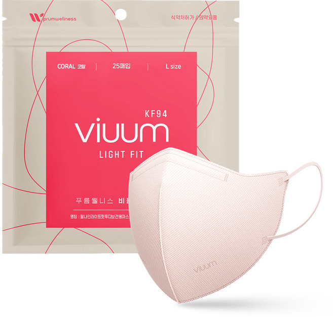 viuum 라이트핏 새부리형 마스크 대형 KF94, 25개입, 1개, 코랄