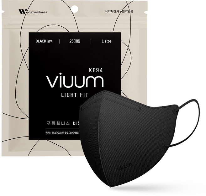 viuum 푸름웰니스 라이트핏 새부리형 마스크 대형 KF94, 25개입, 1개, 블랙