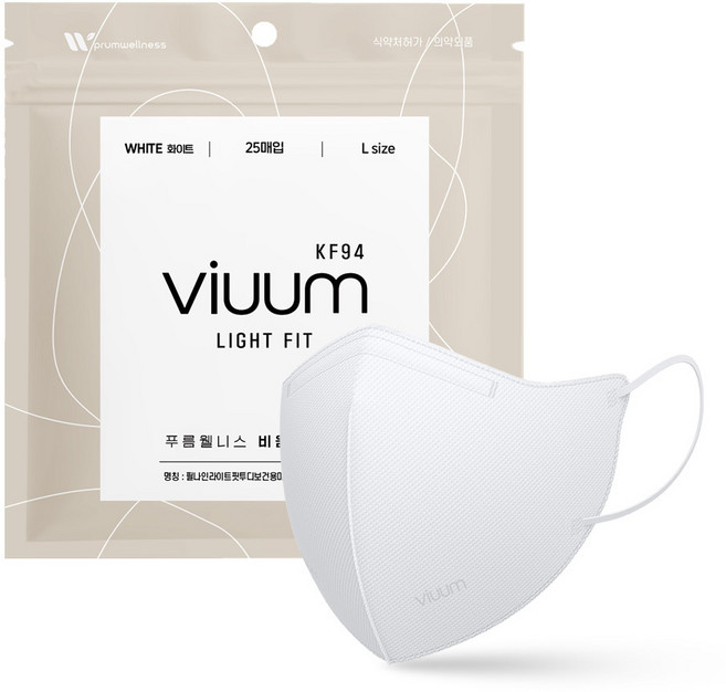 viuum 푸름웰니스 라이트핏 새부리형 마스크 대형 KF94, 25개입, 1개, 화이트