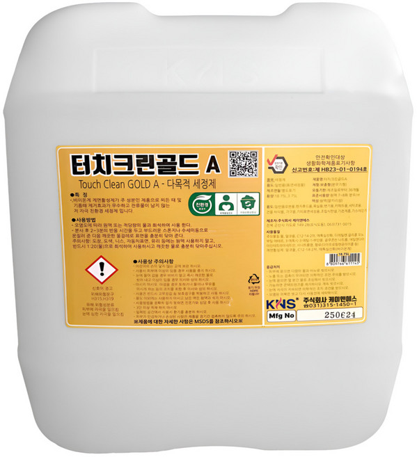 터치크린골드A 18.75L 친환경 다목적세정제 찌든때 기름때 제거제 주방 베란다 욕실 청소 세제 터치크린골드u, 1개