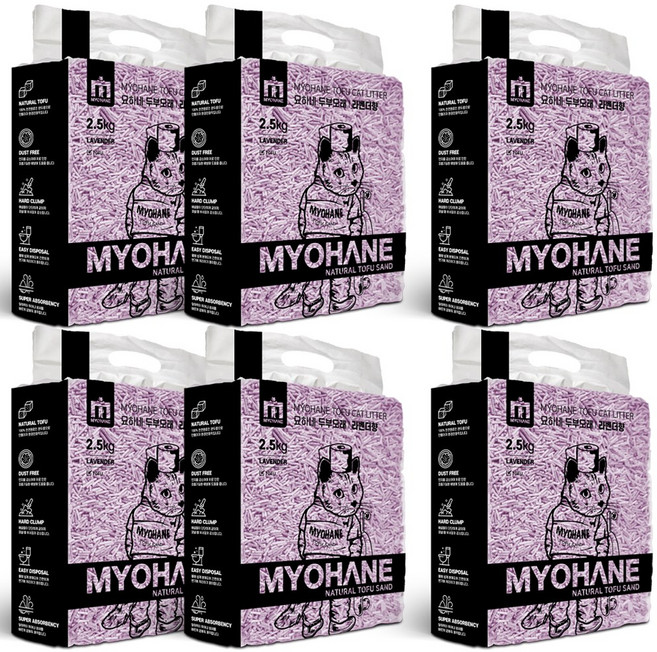 제이앤제이몰 묘하네 냄새 싹 잡아주는 가는입자 고양이 두부모래, 2.5kg, 6개, 완두콩두부모래 라벤더향