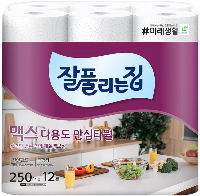잘풀리는집 맥스 다용도 천연펄프 롤키친타올, 250개입, 12개