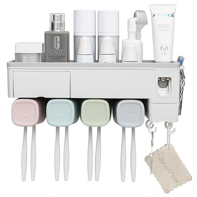 레디박스 간편부착 다용도 멀티 치약 칫솔걸이 4구+ 컵, 그레이, 1개