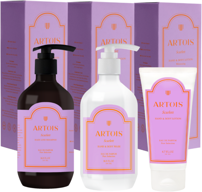 향수향 때문에 재구매 아르투아 스칼렛 3종 선물세트 쇼핑백 증정 (핸드앤바디로션140ml+바디워시500ml+샴푸500ml), 1세트