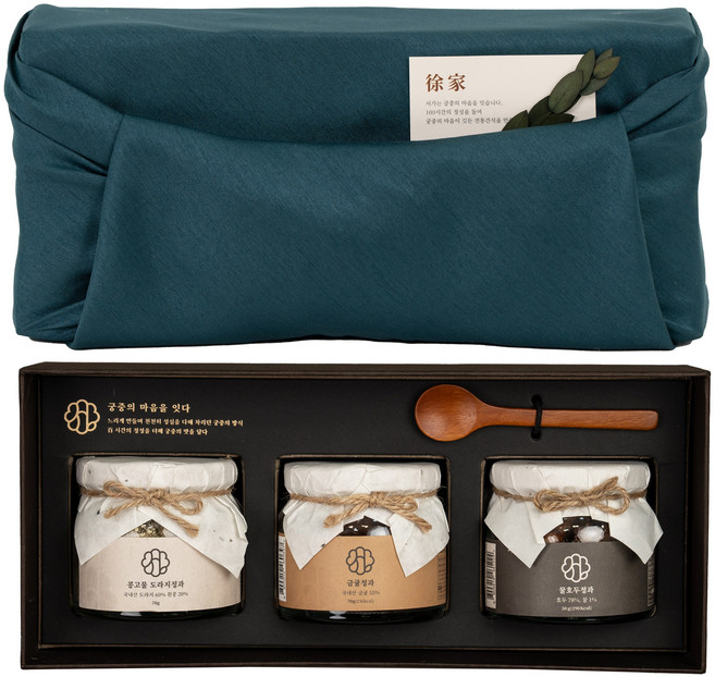 궁중비법 서가 콩고물 도라지정과 금귤정과 꿀호두정과 상견례 명절 설 선물 세트, 산서함422 + 딥그린 소매 보자기, 1개