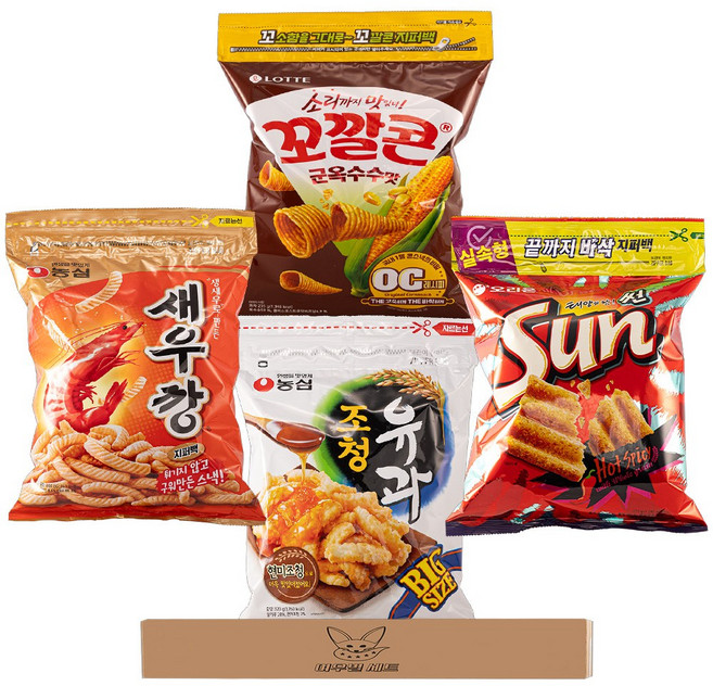[여우별 세트] 대용량 지퍼백 과자 4종 세트, 1세트, 새우깡,꼬깔콘,썬핫스파이시,조청유과